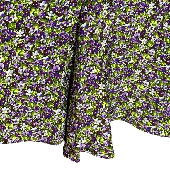Les Reveries Ruffle Picnic Mini Floral 100% Silk Dress in Ditsy Purple Pansies - Picture 6 of 12